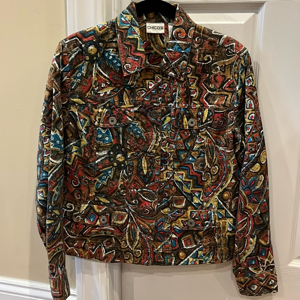 Chico’s size 0 lightweight denim style jacket in deep Fall colors